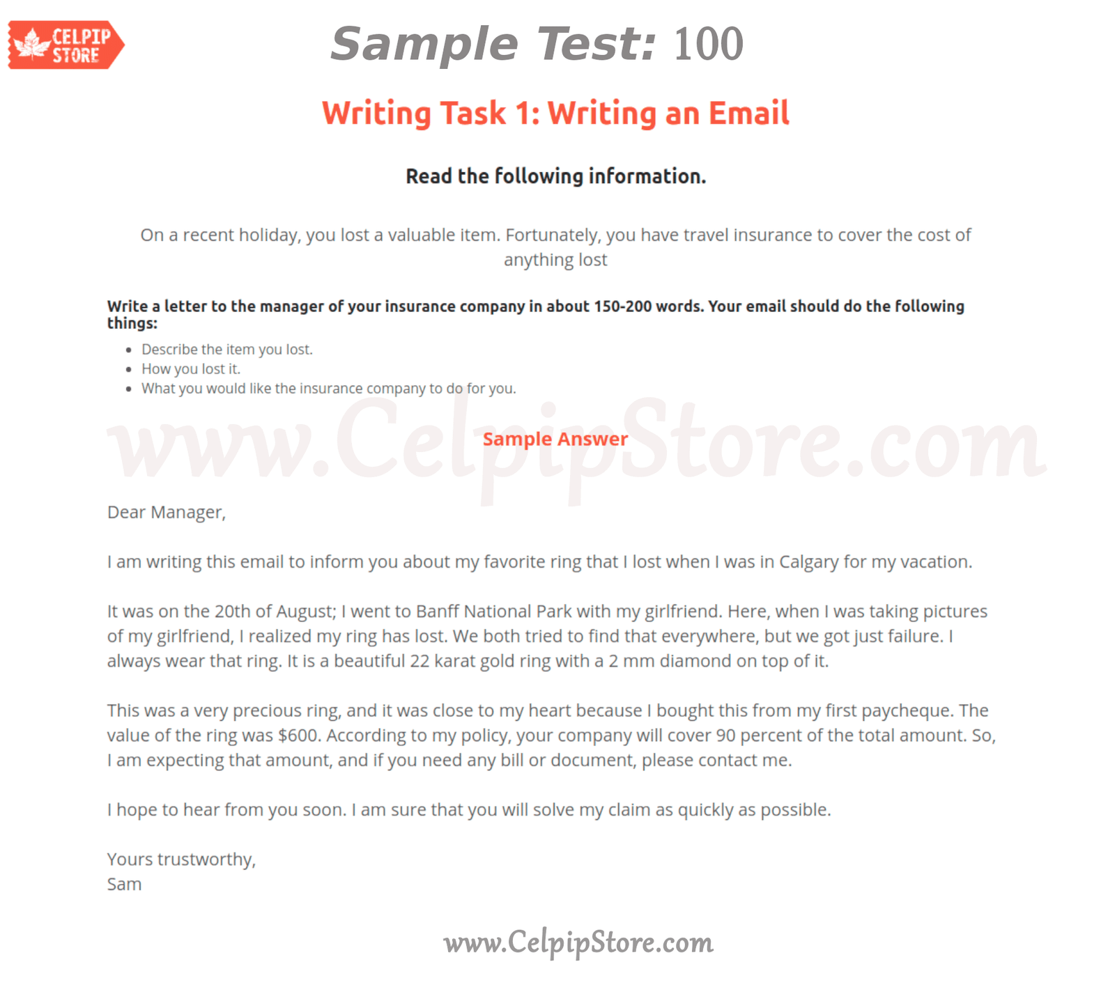 Celpip Writing an Email Sample 100: - Free CELPIP mock