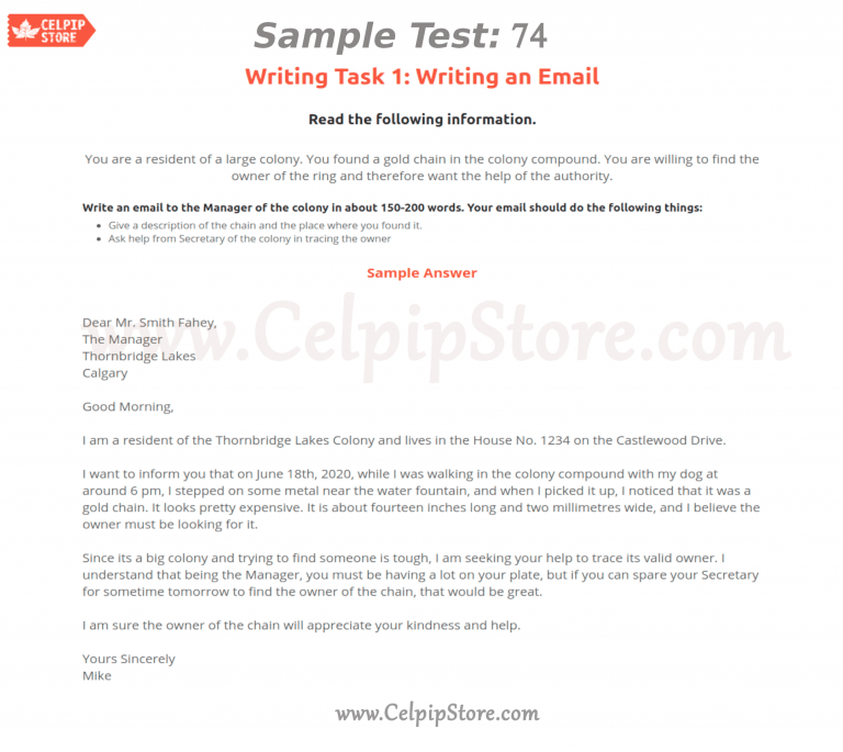 Celpip Writing an Email Sample 74: - Free CELPIP mock