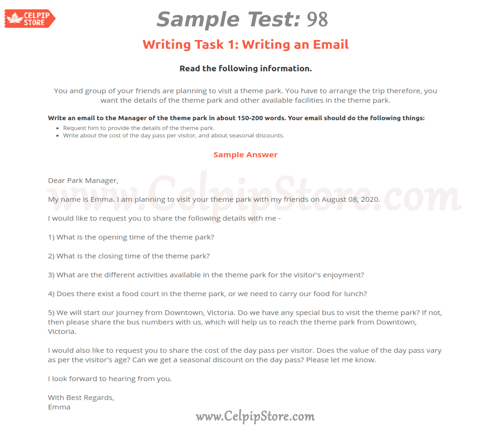 Celpip Writing an Email Sample 98: - Free CELPIP mock