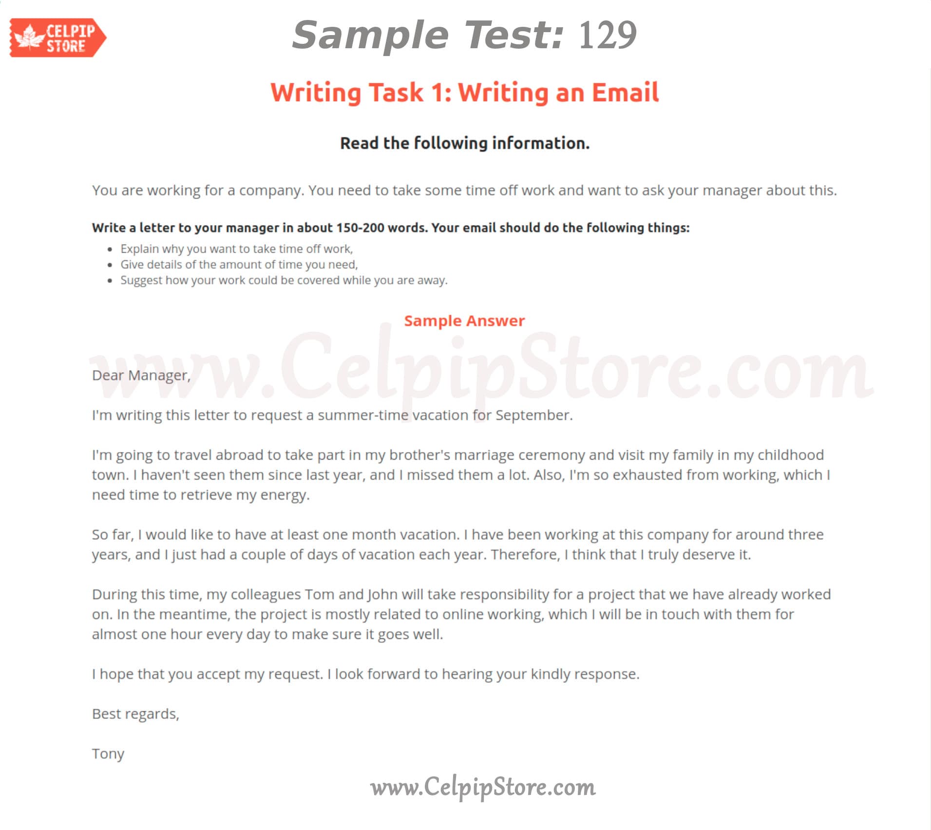 Celpip Writing an Email Sample 129: - Free CELPIP mock