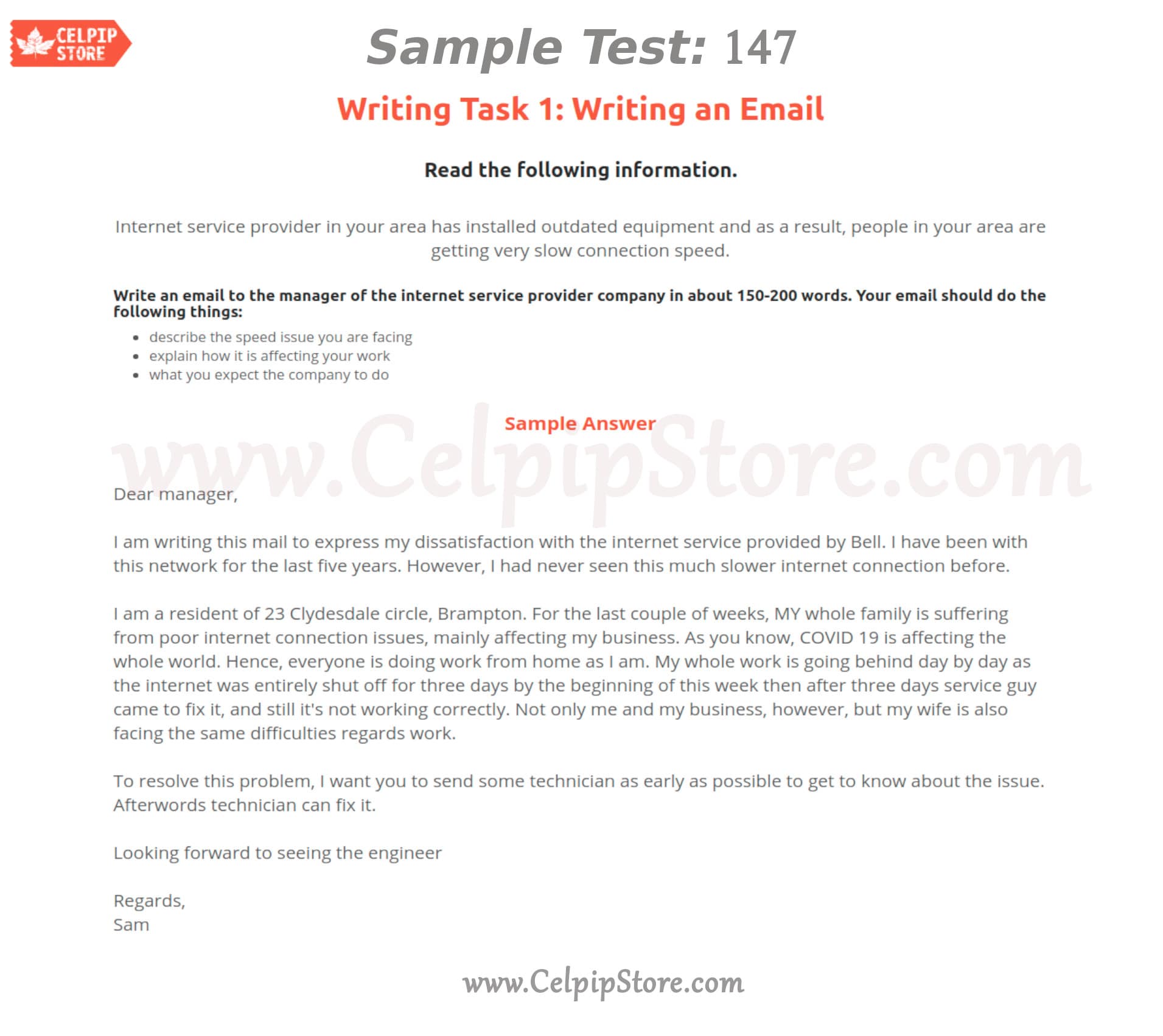 Celpip Writing an Email Sample 147: - Free CELPIP mock