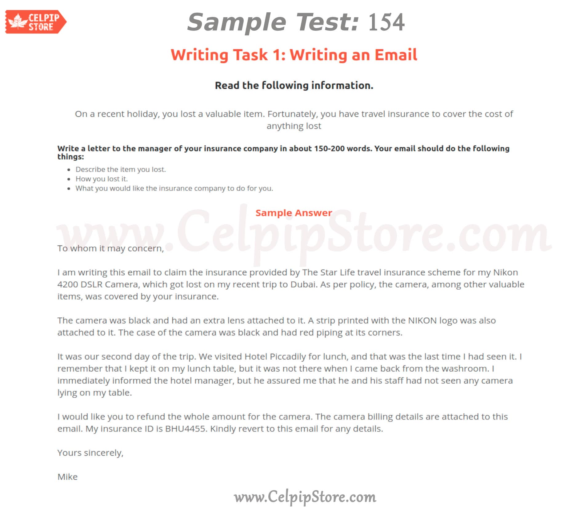 Celpip Writing an Email Sample 154: - Free CELPIP mock